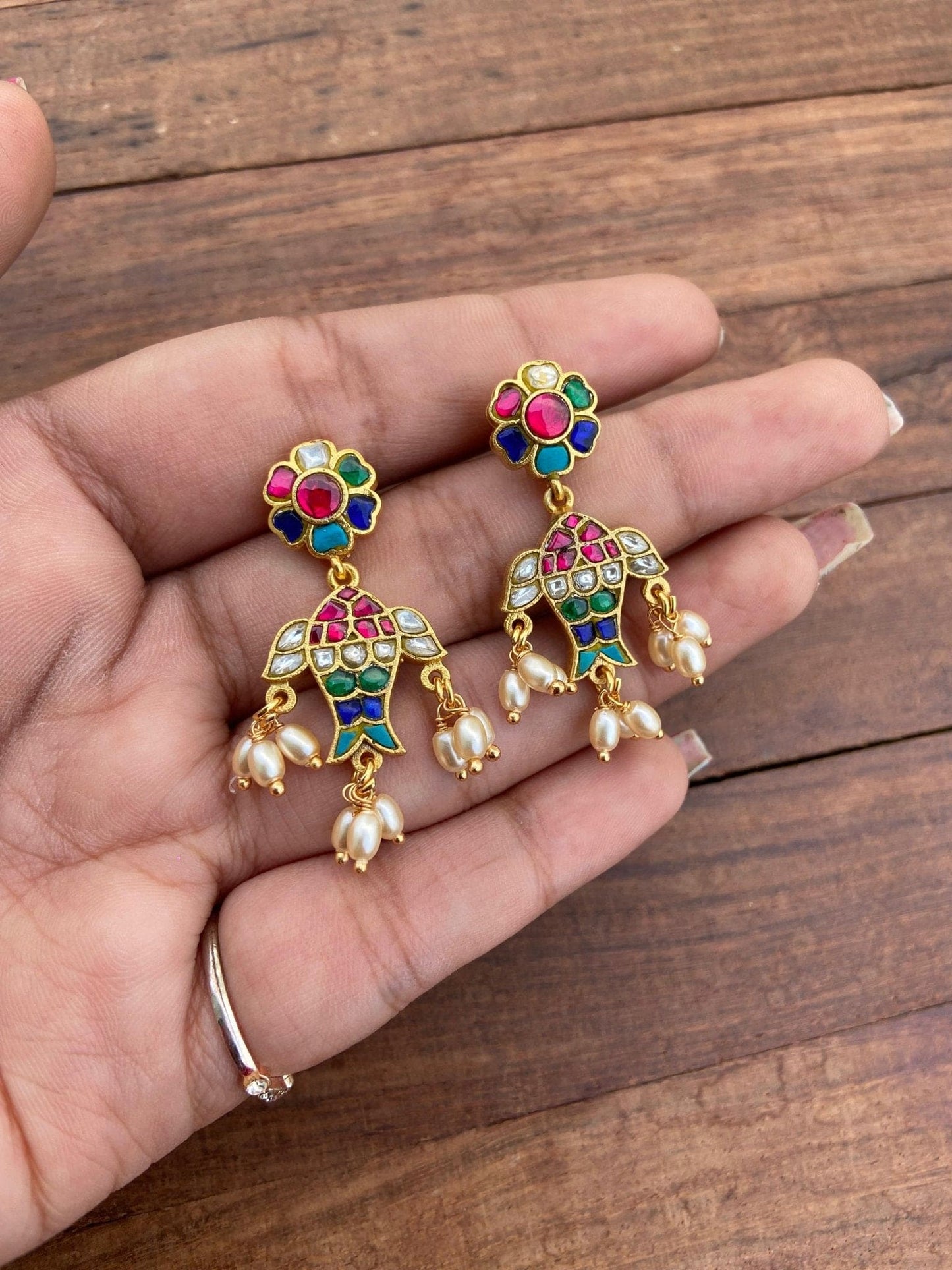 Multi coloured fish real kundan hanging earrings - Alluring Accessories
