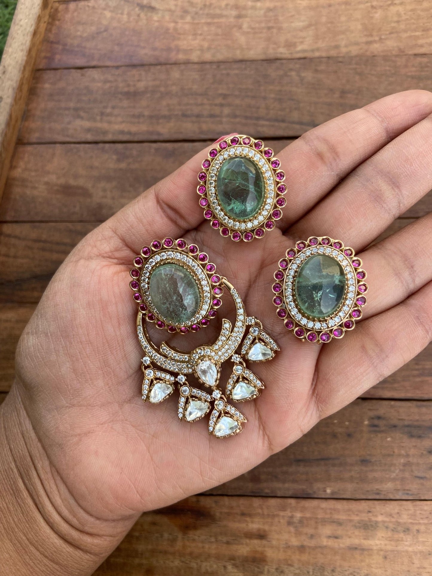 Oval moissanite real Kundan statement locket combo with earrings and Hasli - Alluring Accessories