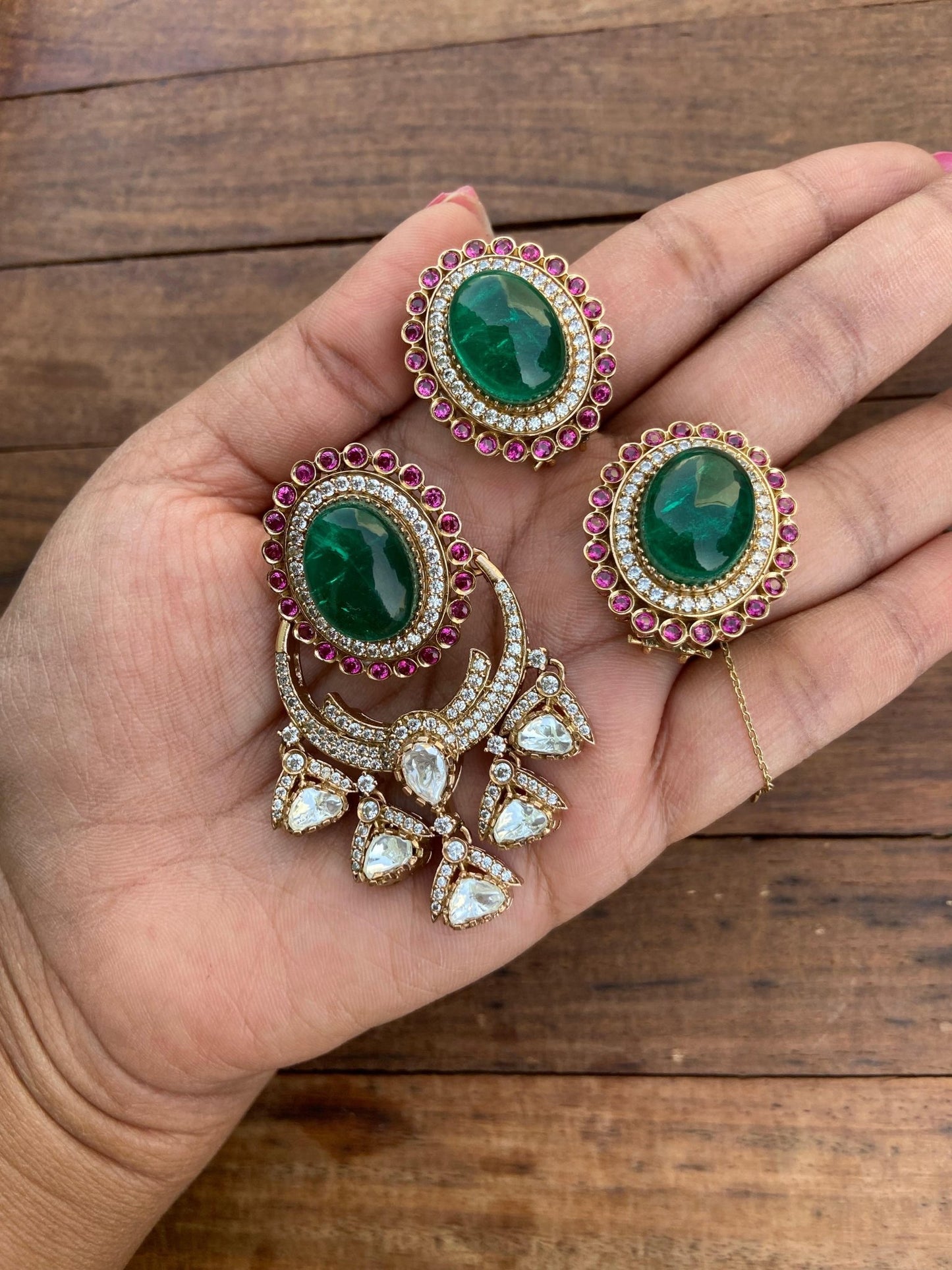 Oval moissanite real Kundan statement locket combo with earrings and Hasli - Alluring Accessories