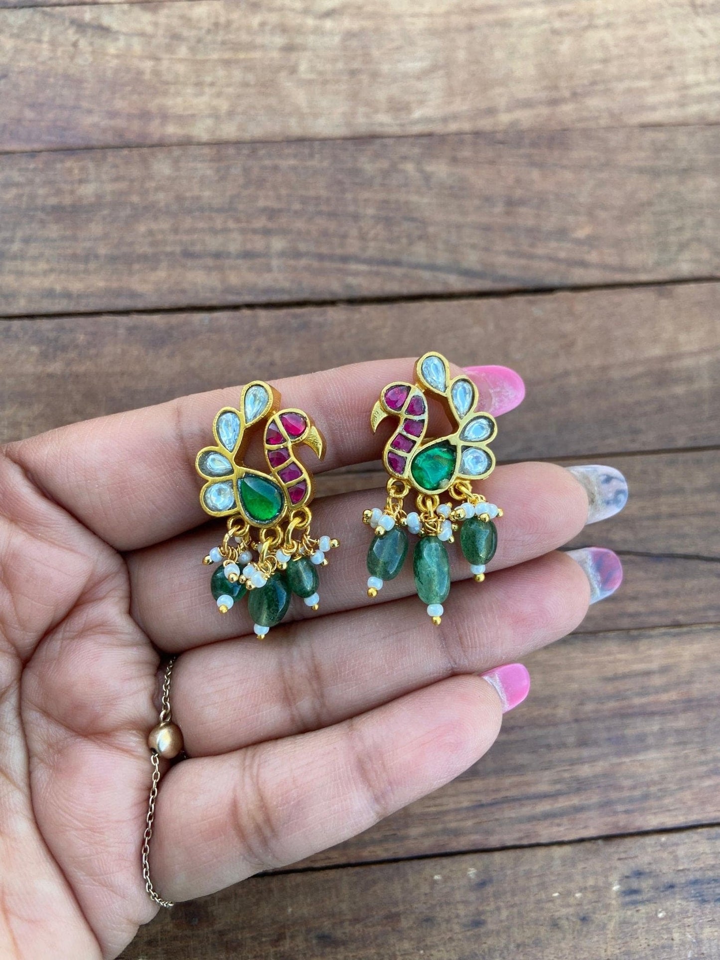 Peacock real kundan stud with russian bead hangings - Alluring Accessories
