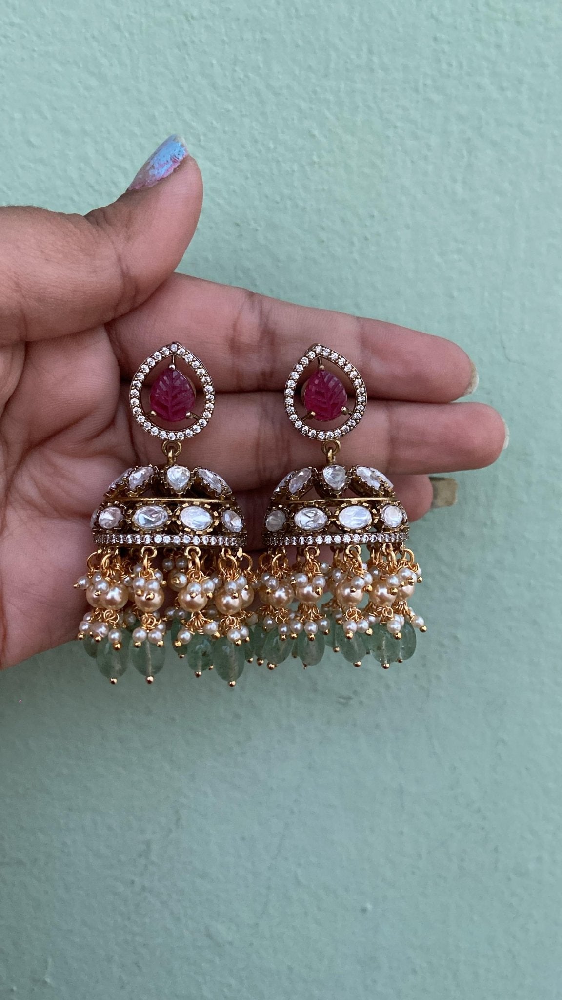Pearl engraved two layered victorian jhumkas - Alluring Accessories
