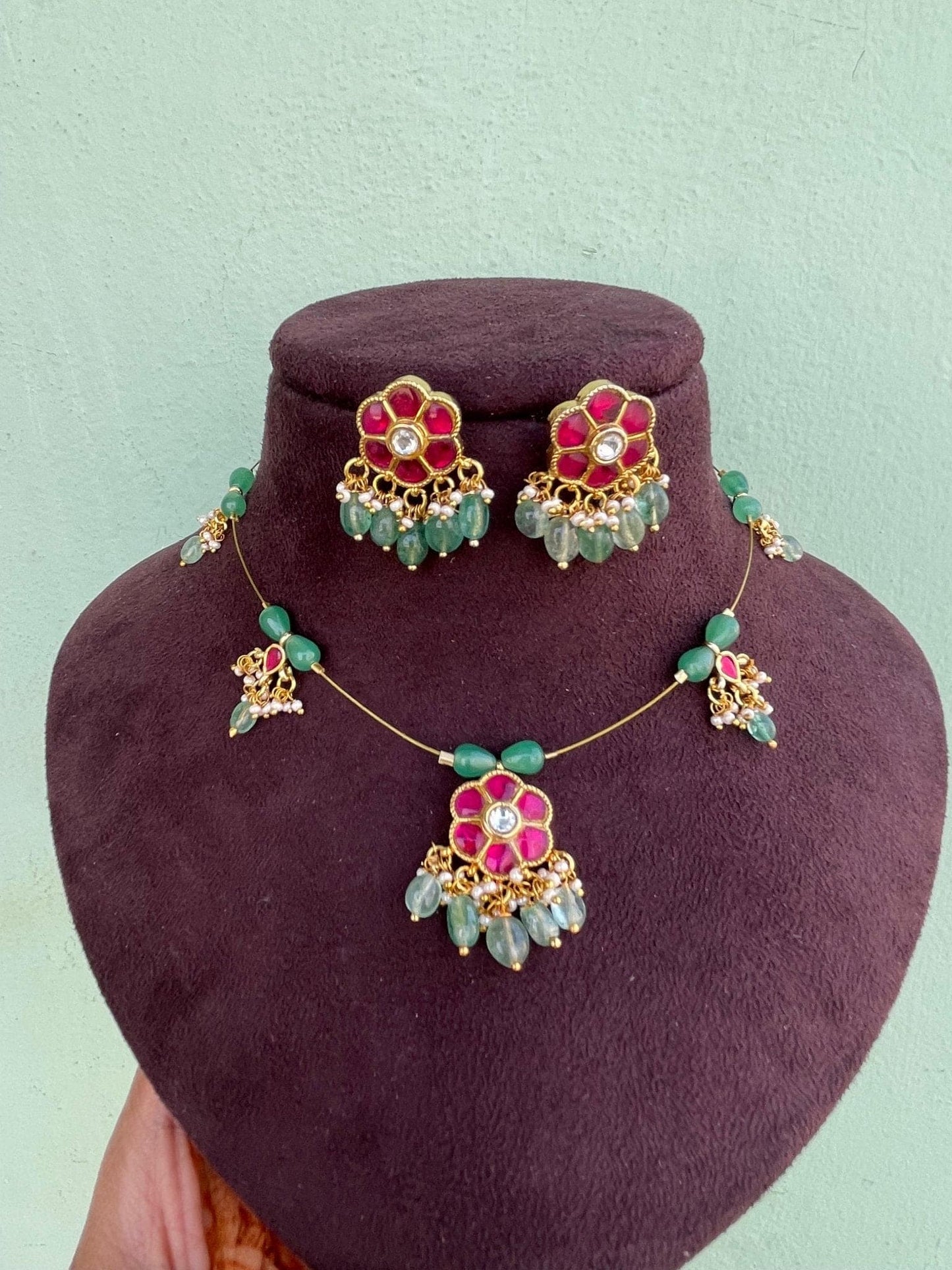 Real kundan flower invisible necklace with earrings - Alluring Accessories