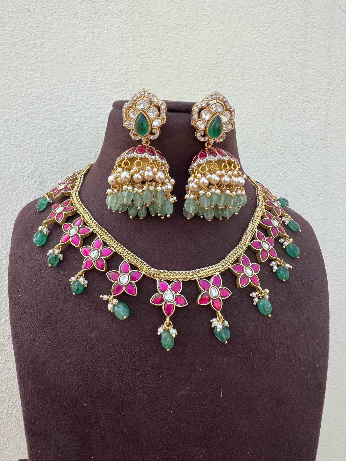 Real kundan flower necklace with multi real kundan jhumkas - Alluring Accessories