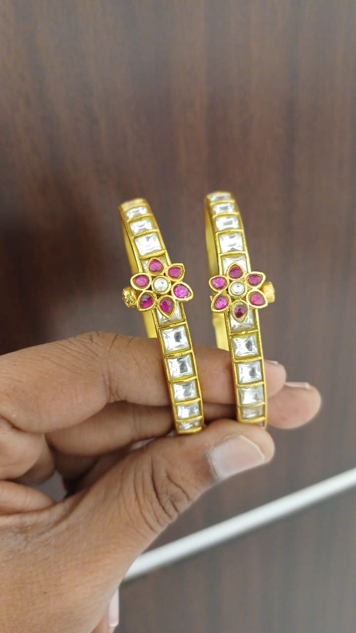Real kundan flower sleek screw bangles - Alluring Accessories