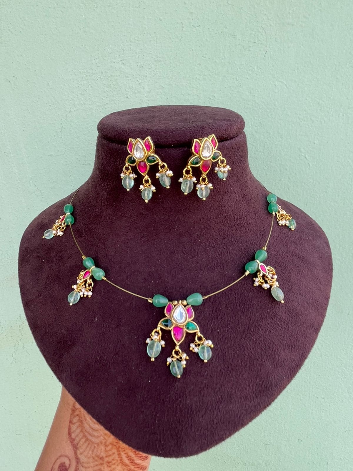 Real kundan multi coloured lotus invisible necklace with earrings - Alluring Accessories
