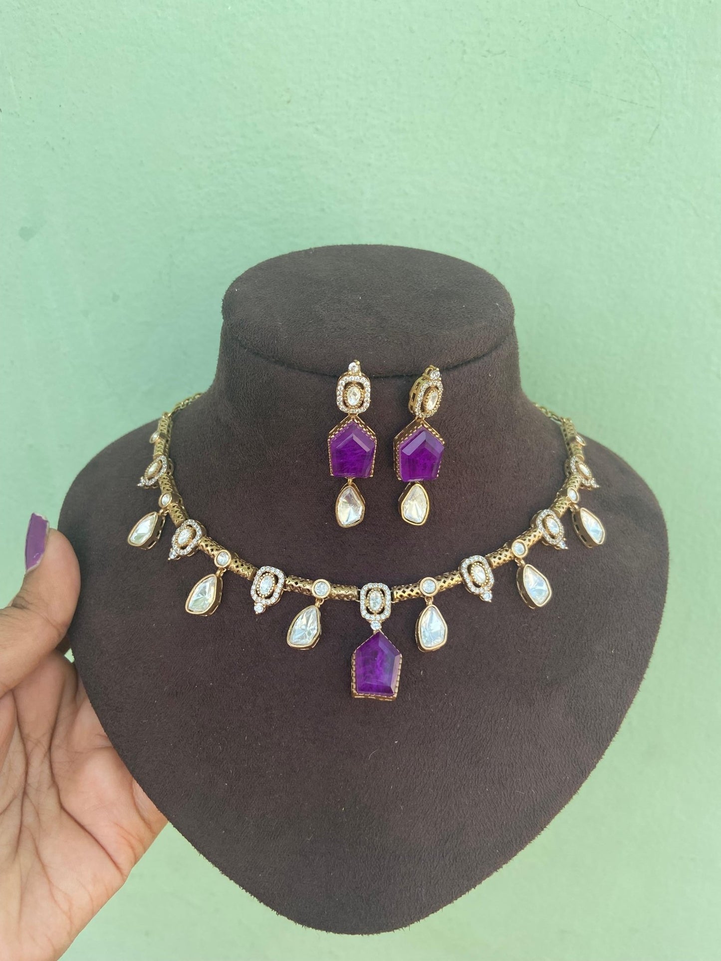 Single coloured stone moissanite indowestern necklace with earrings - Alluring Accessories