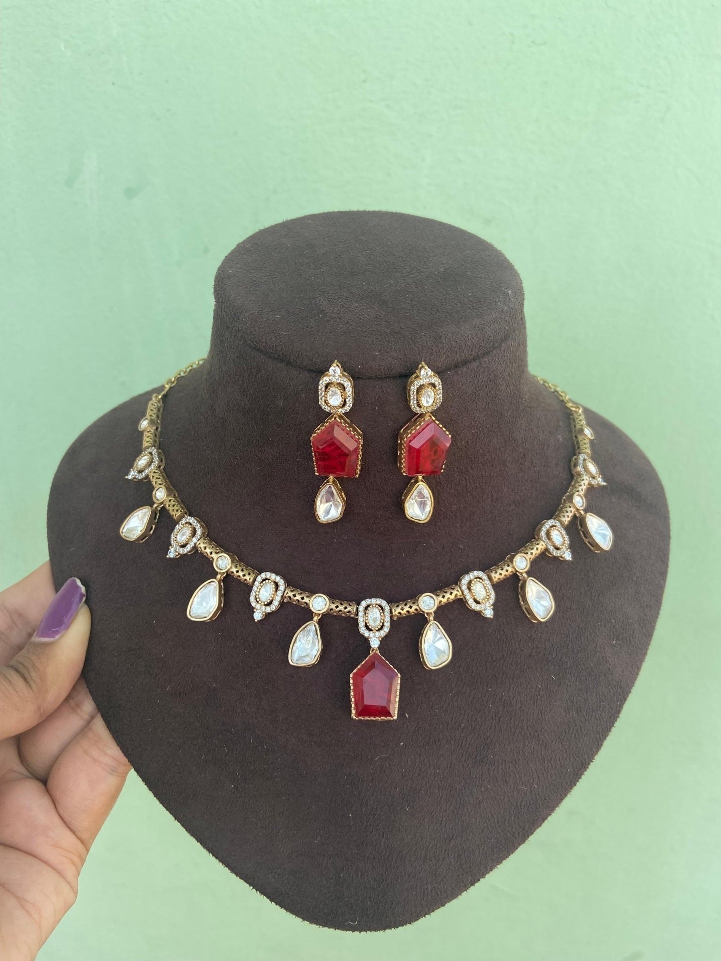 Single coloured stone moissanite indowestern necklace with earrings - Alluring Accessories