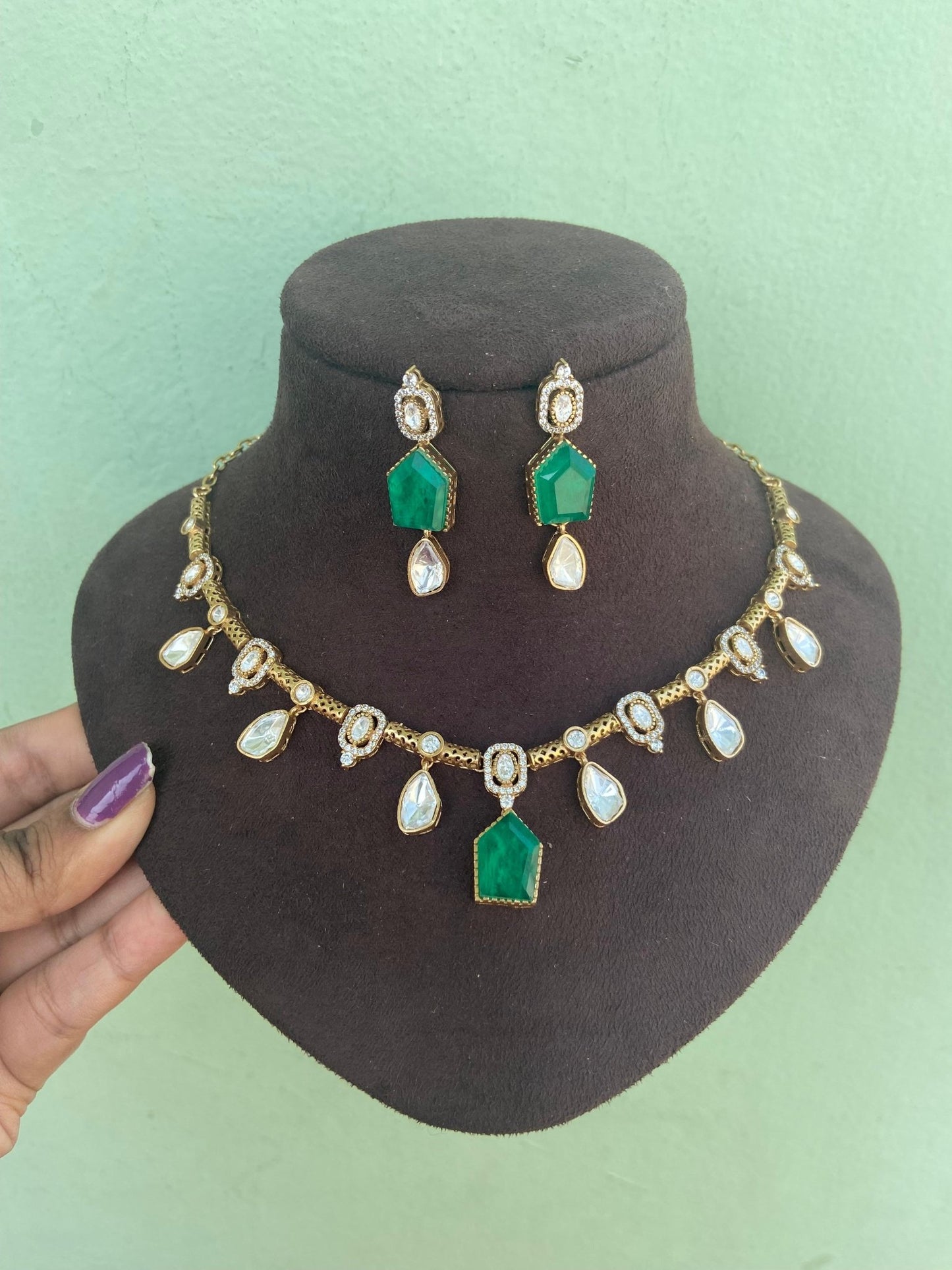Single coloured stone moissanite indowestern necklace with earrings - Alluring Accessories