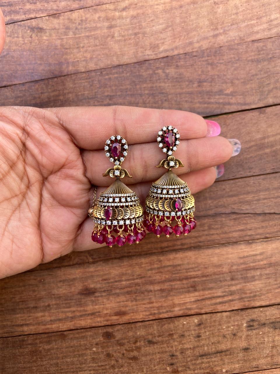 Single stone small flower Victorian jhumkas design3 - Alluring Accessories