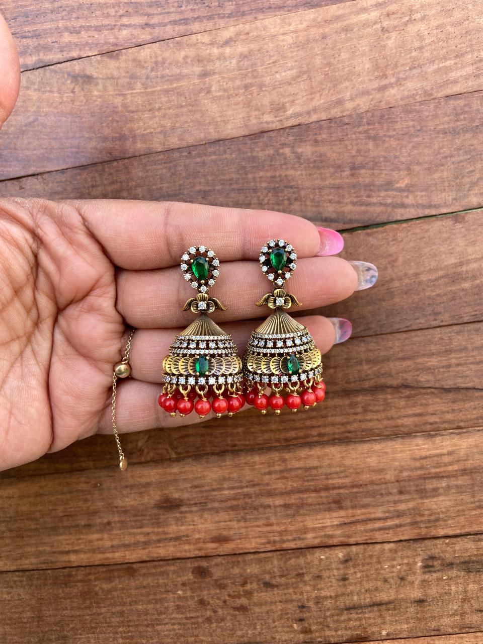 Single stone small flower Victorian jhumkas design3 - Alluring Accessories