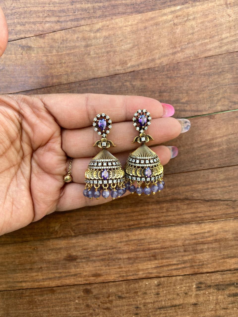 Single stone small flower Victorian jhumkas design3 - Alluring Accessories