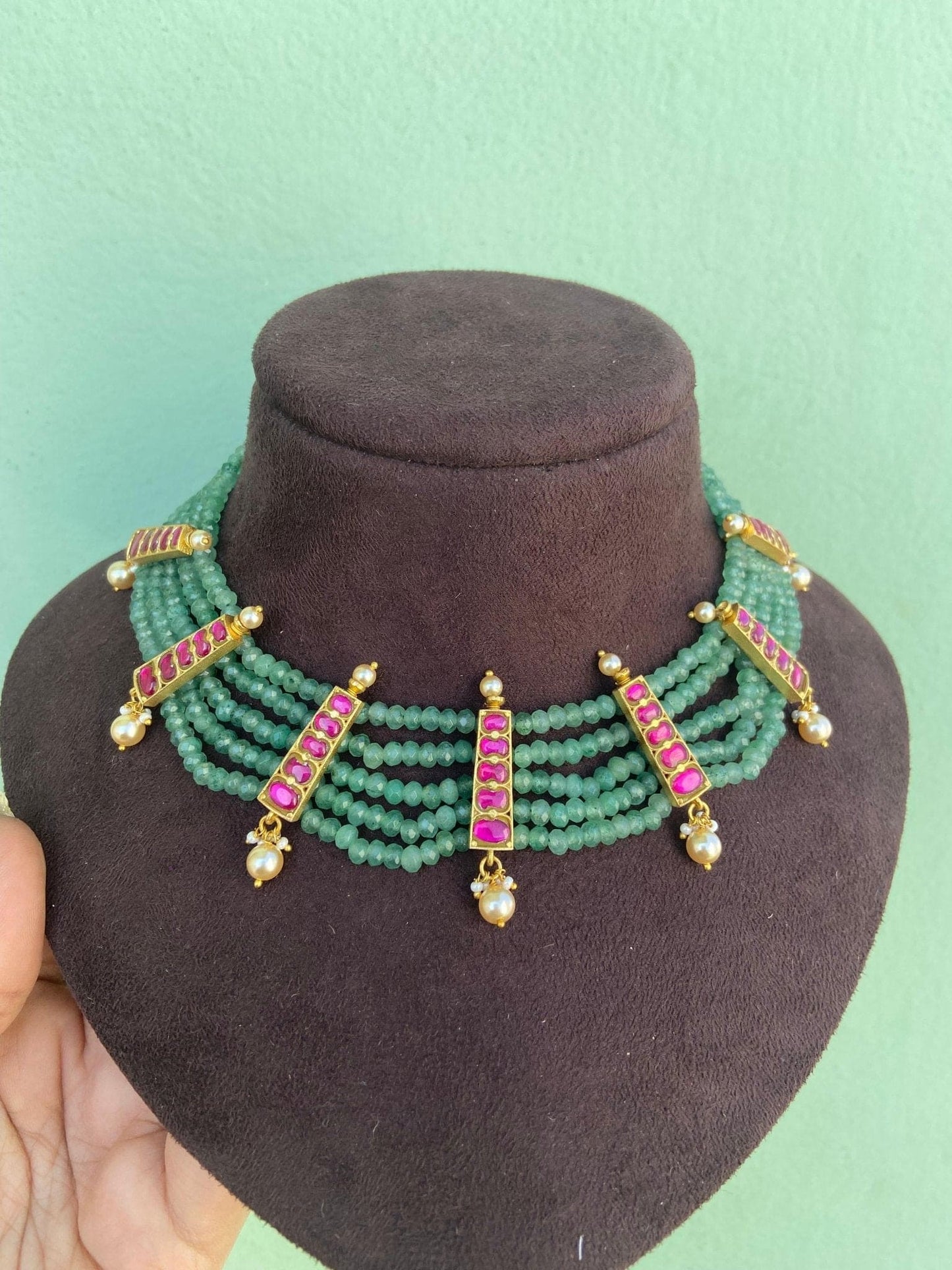 Stylish indowestern green beads real kundan necklace 5 - Alluring Accessories