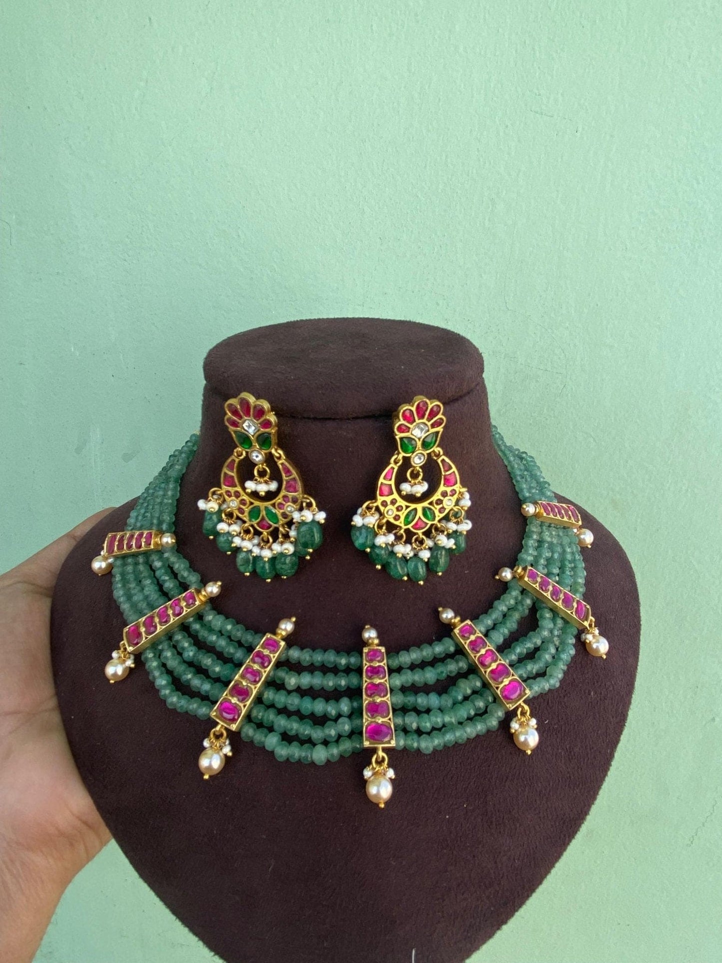 Stylish indowestern green beads real kundan necklace 5 - Alluring Accessories