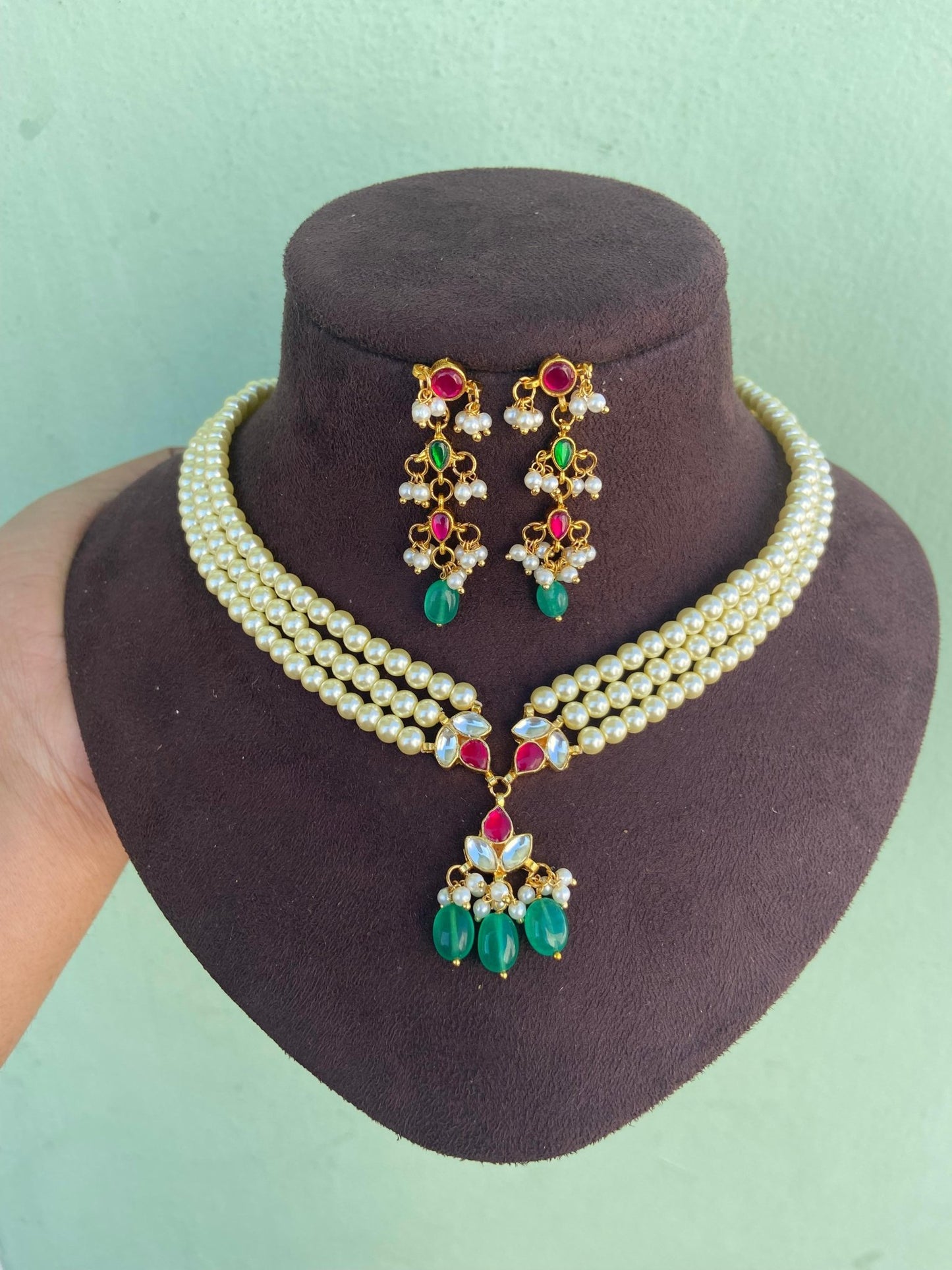 Three pearl real kundan stylish indowestern necklace with earrings 5 - Alluring Accessories