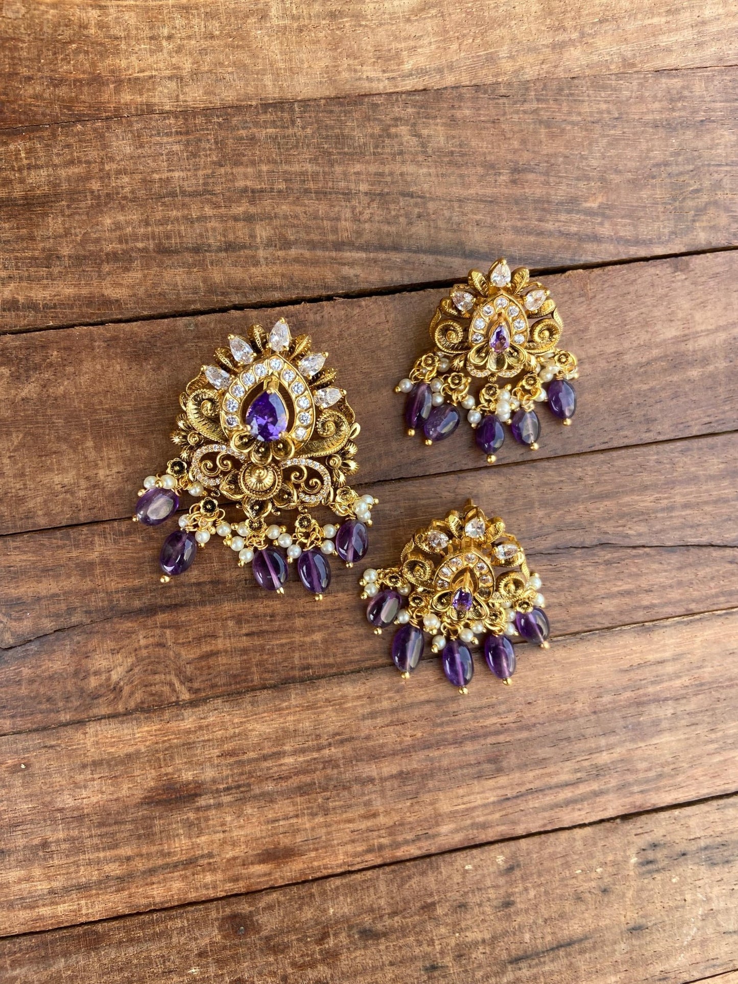 Three stone pearl shape locket combo with earrings and Hasli design3 - Alluring Accessories