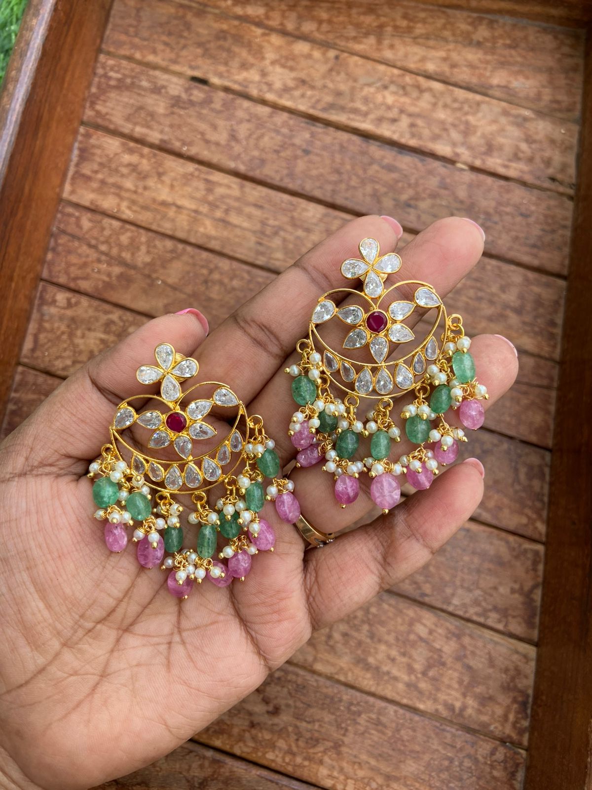 Uncut diamond dual shade pearl hanging chandbalis - Alluring Accessories