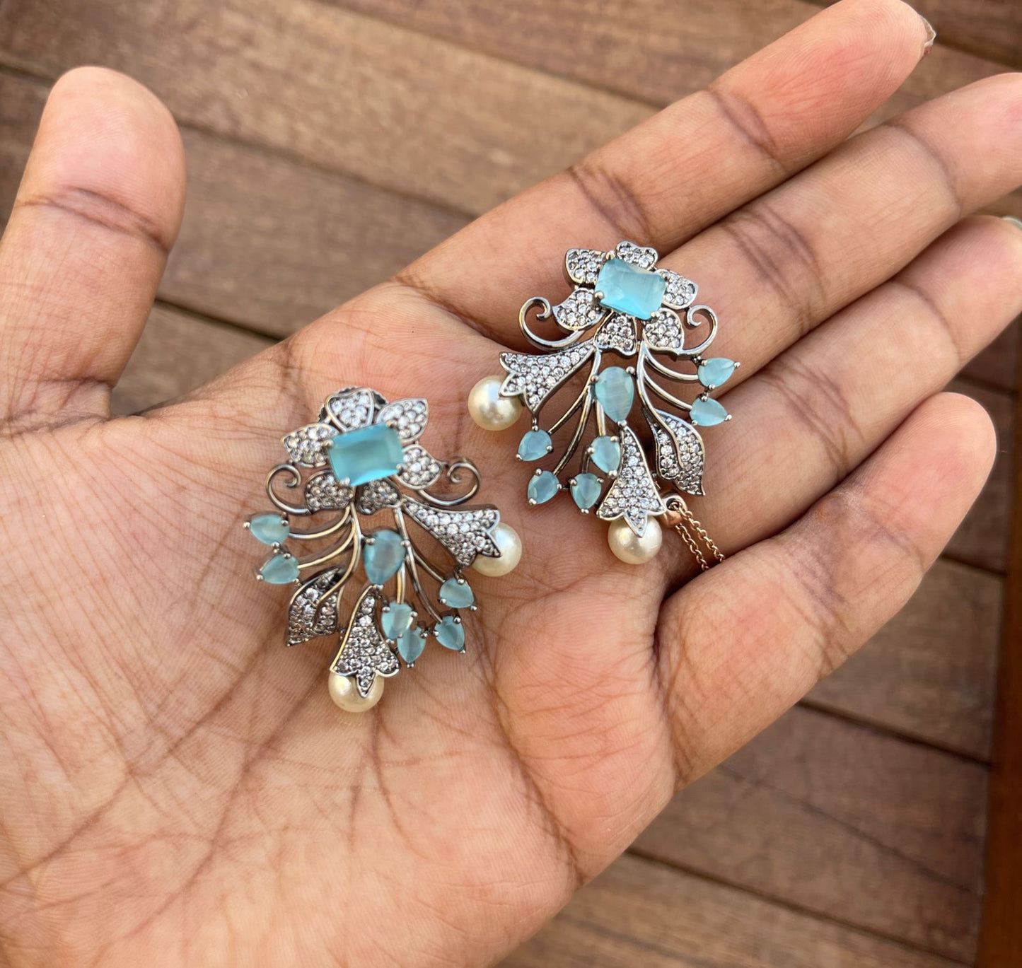 Designer flower stem diamond finish studs - Alluring Accessories