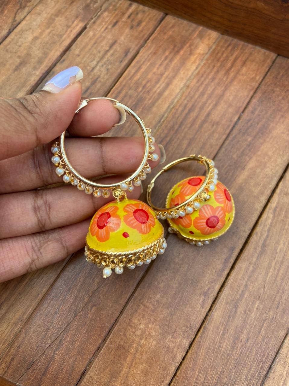 Dual shade flower hoop meenakari earrings - Alluring Accessories