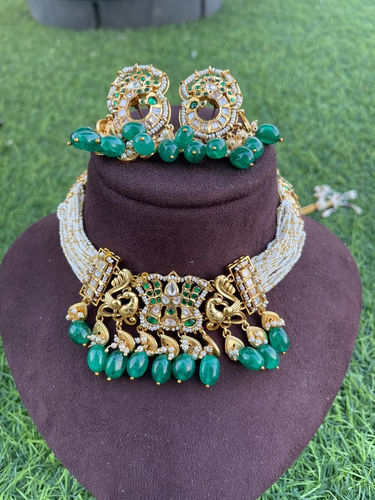 Green pacchi kundan side peacock pearl choker - Alluring Accessories