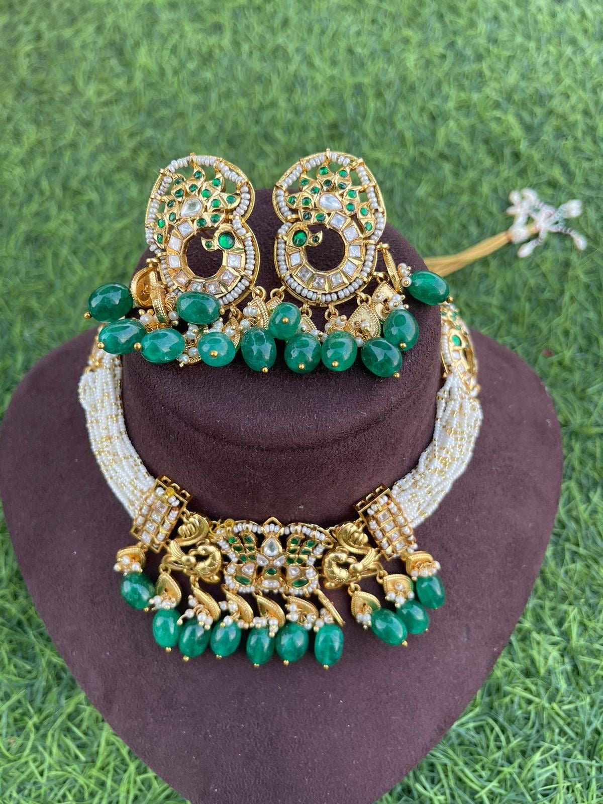 Green pacchi kundan side peacock pearl choker - Alluring Accessories