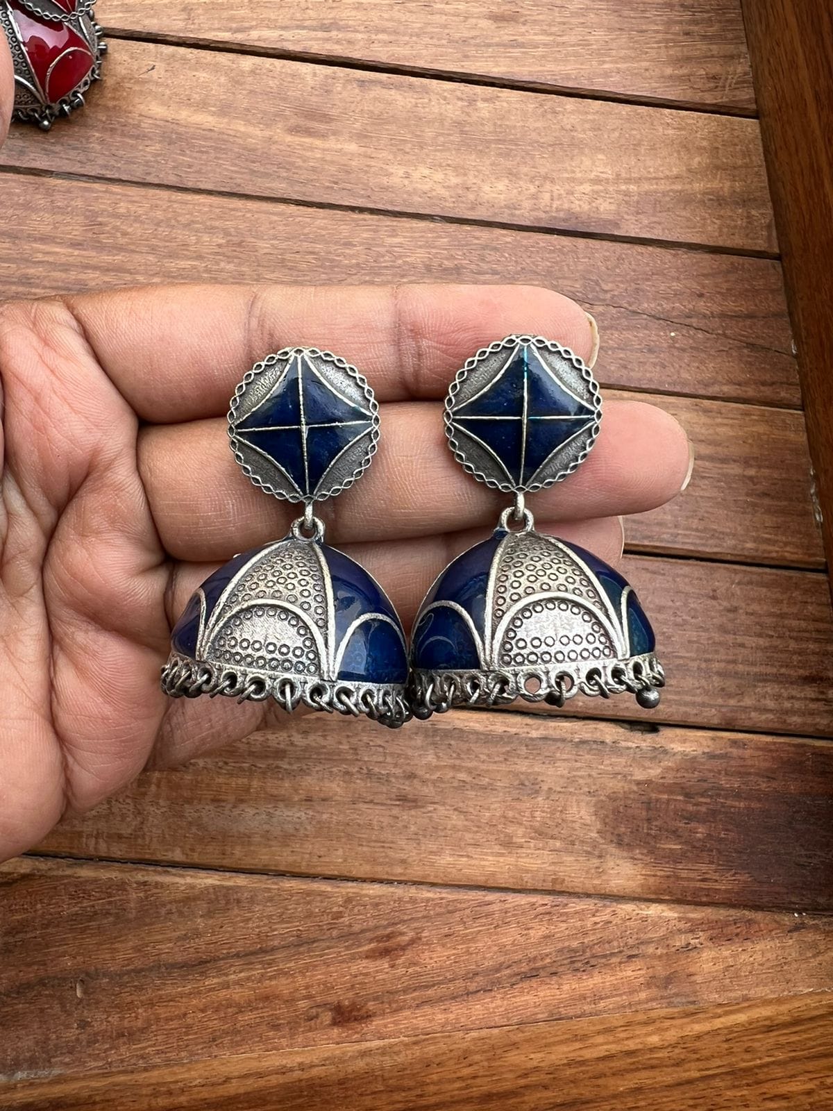 Meenawork silver look alike jhumkas
