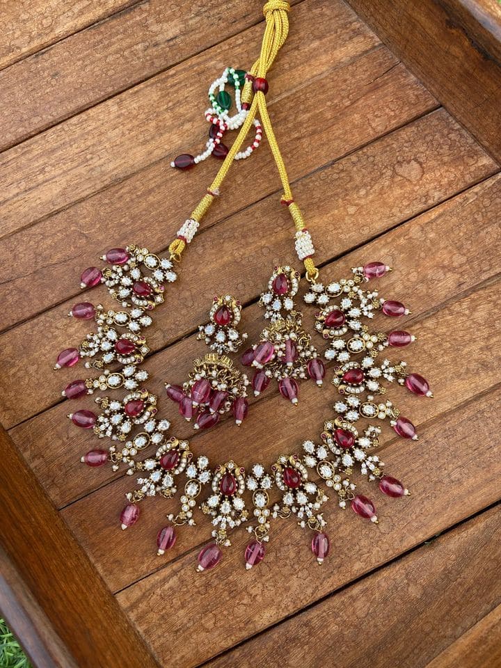 Moissanite wine red necklace with jhumkas - Alluring Accessories