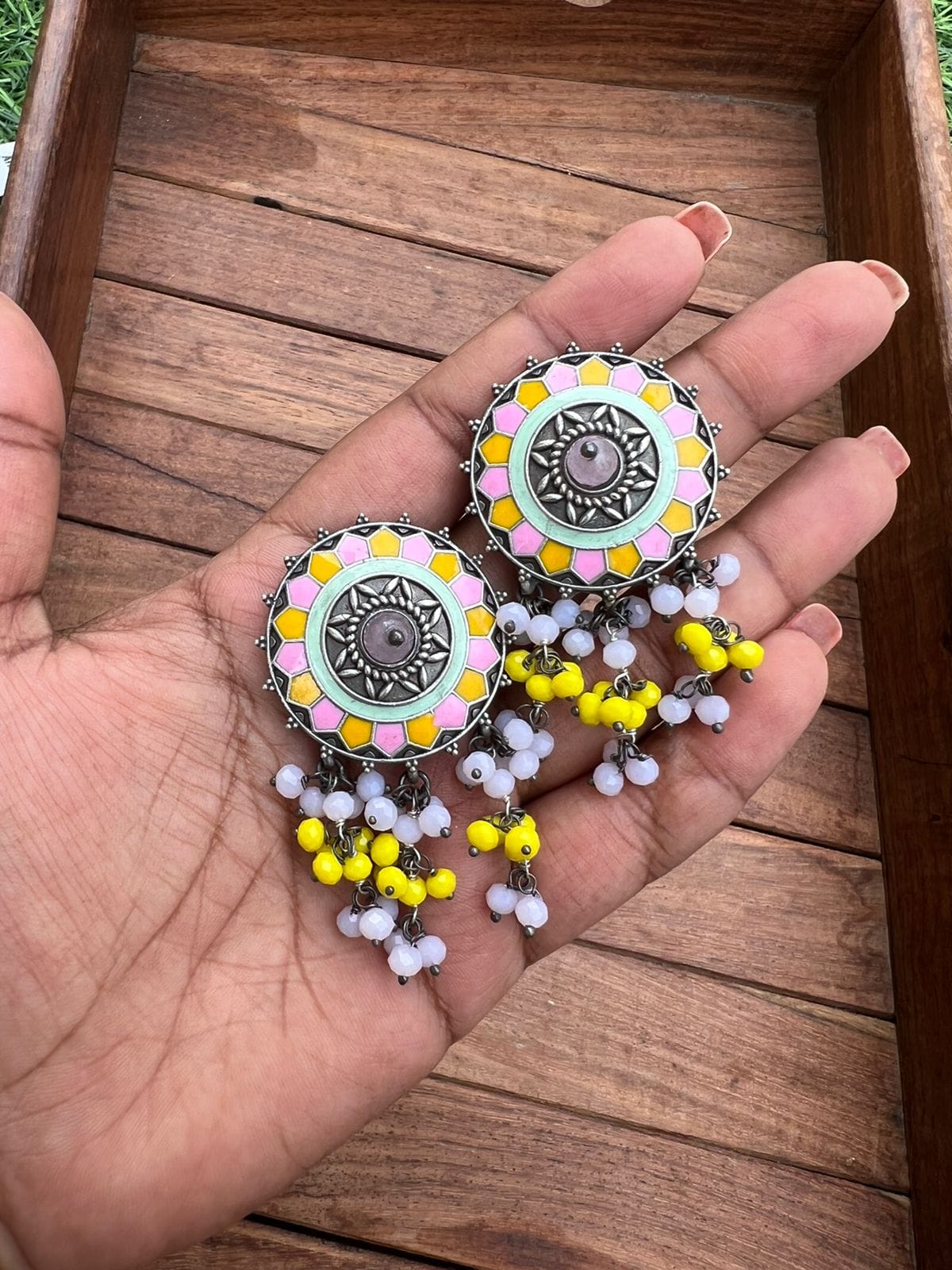 Oxidised pearl hanging earrings