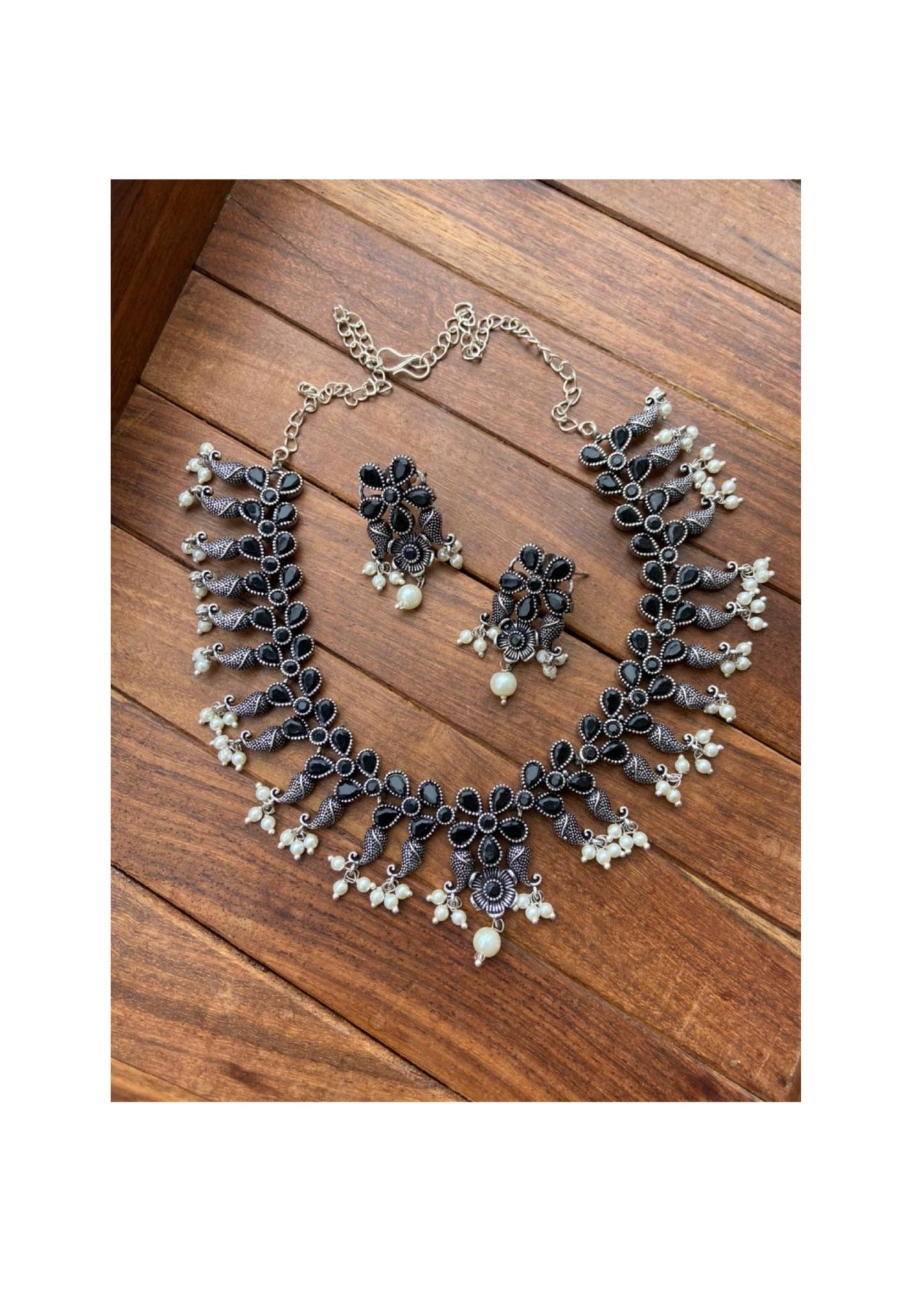 Oxidised pearls flower neckset with matching earrings - Alluring Accessories