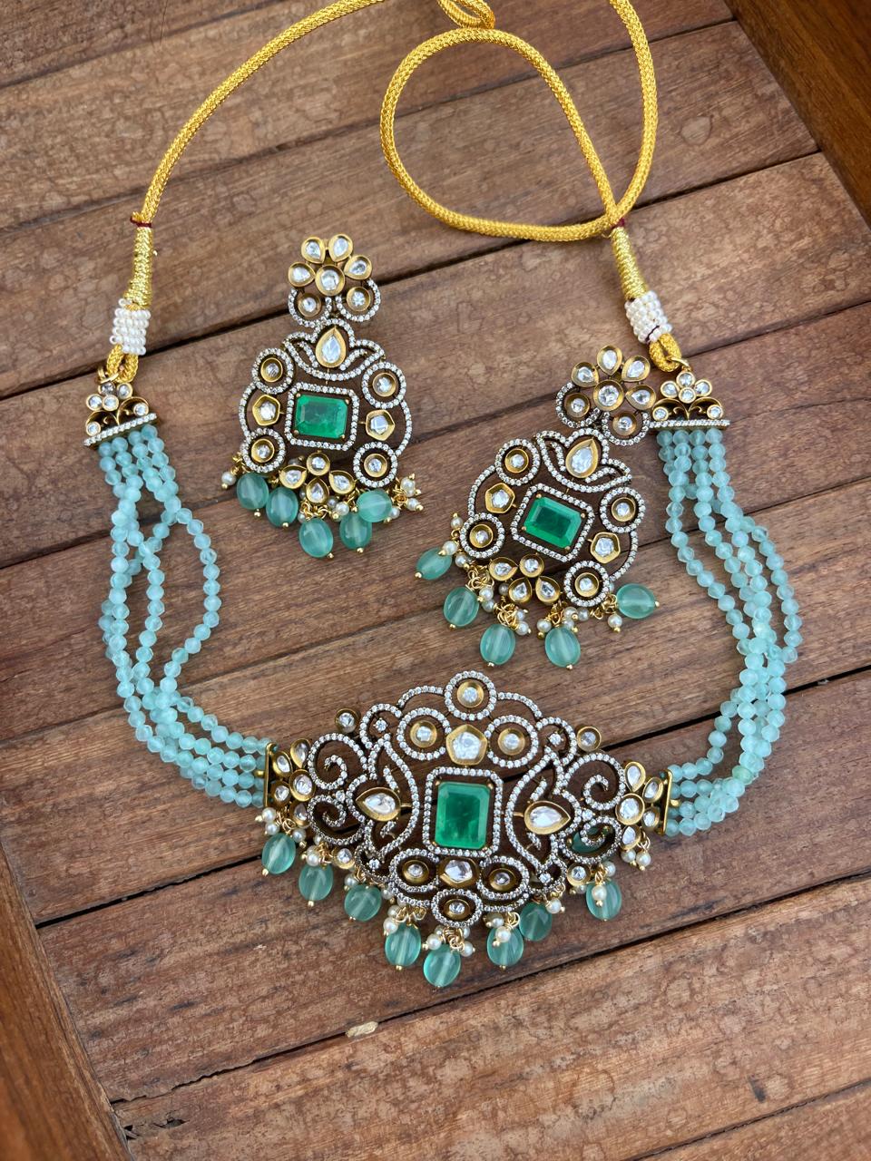 Pastel pink green victorian choker with earrings 2 - Alluring Accessories