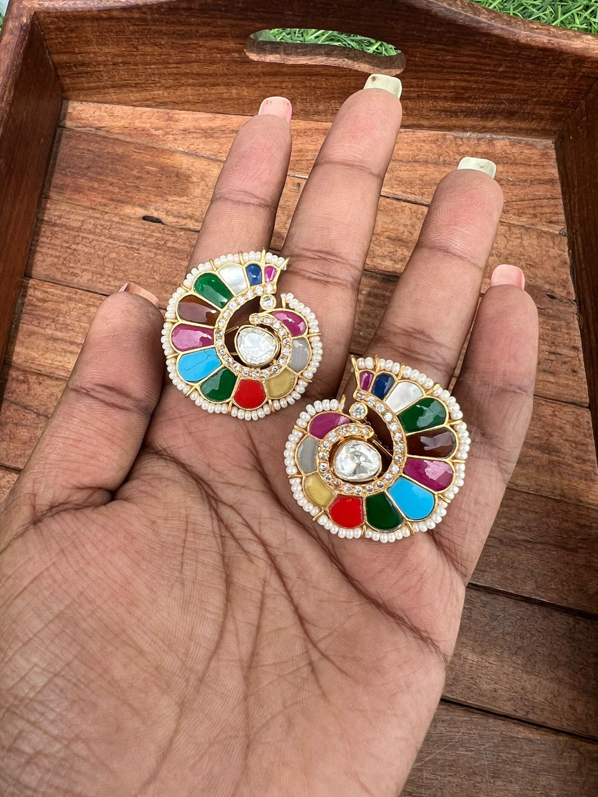 Peacock real kundan navaratan studs