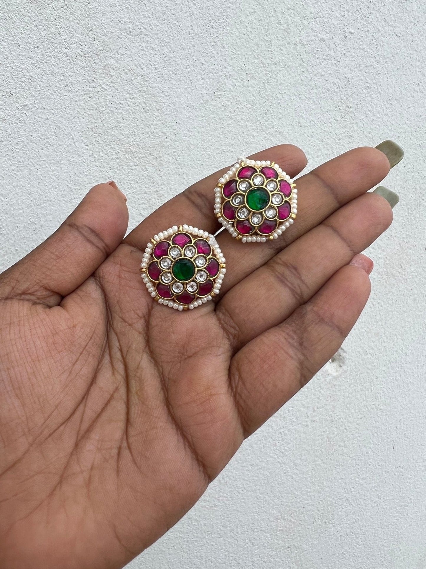 Real kundan flower pearl studs