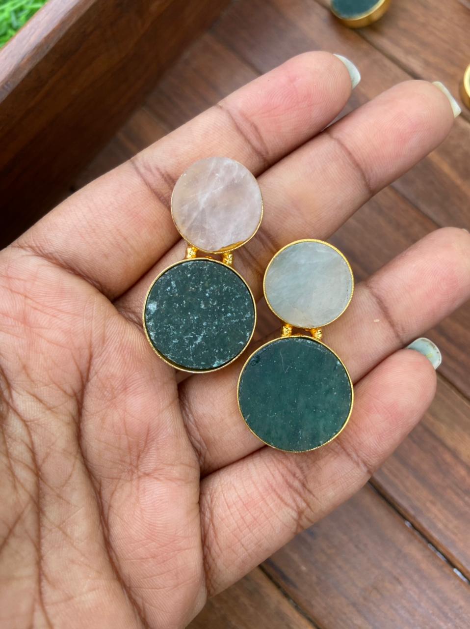 Size varying round natural/druzy stone earrings