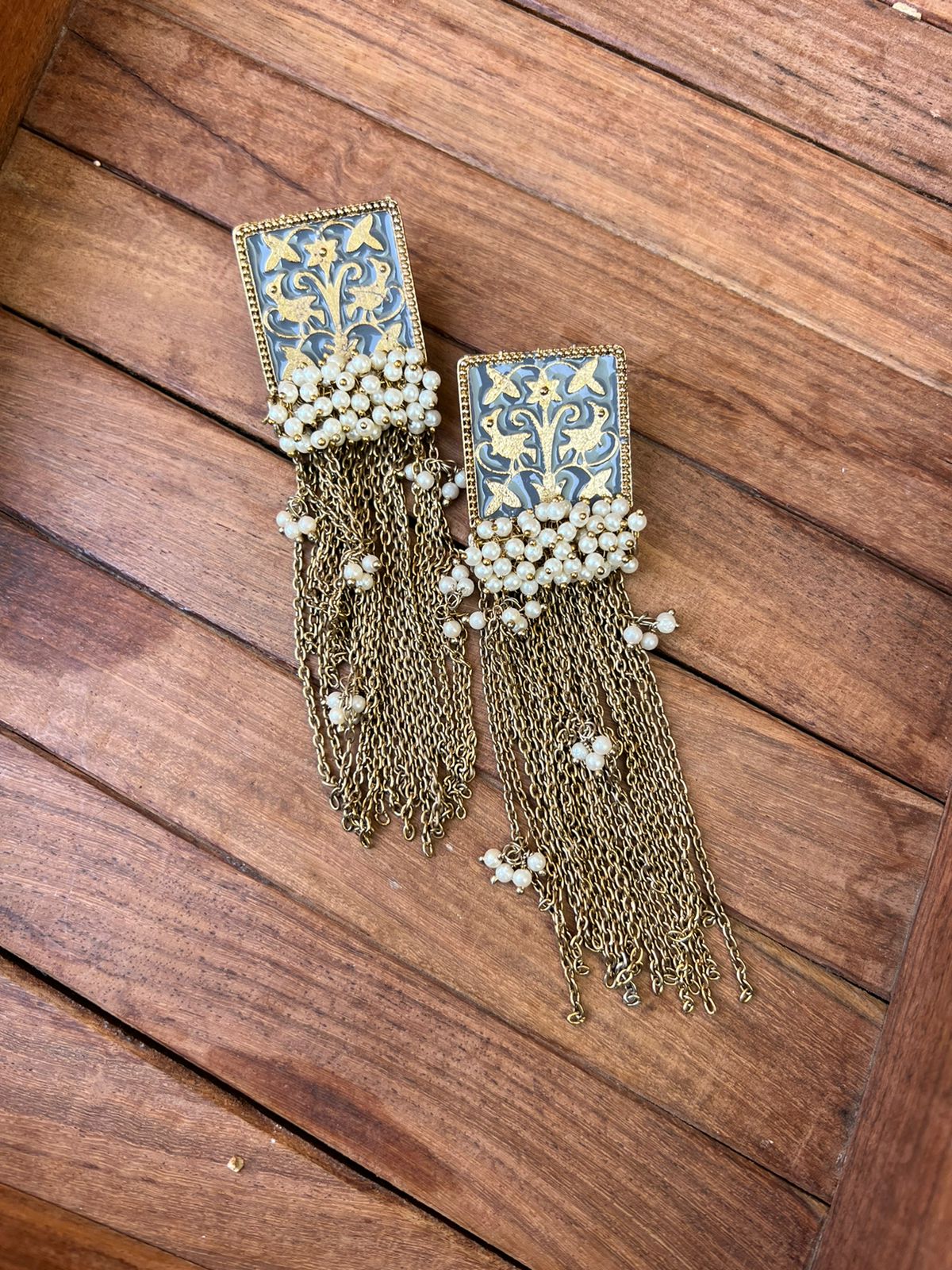 Statement chain hanging peacock meenakari earrings