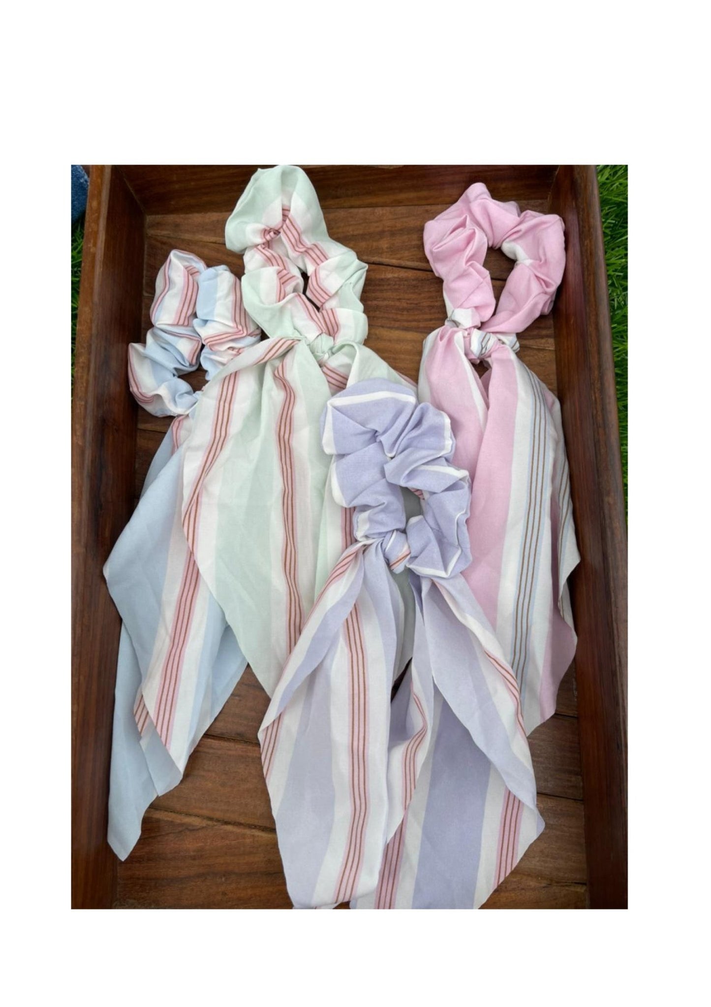 Striped pastel coloured scarf scrunchies