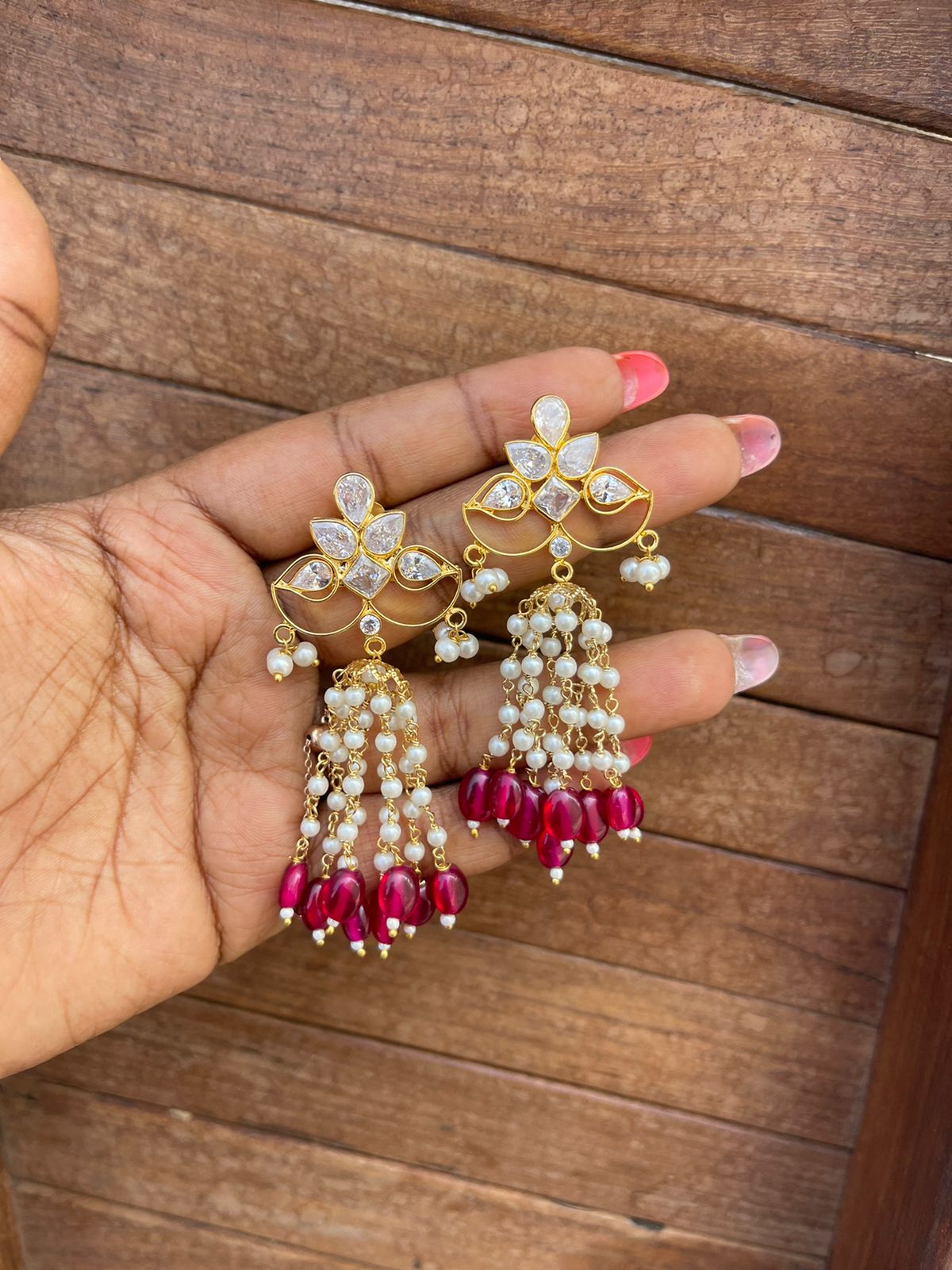 Uncut diamond pearl hanging jhumkas - Alluring Accessories
