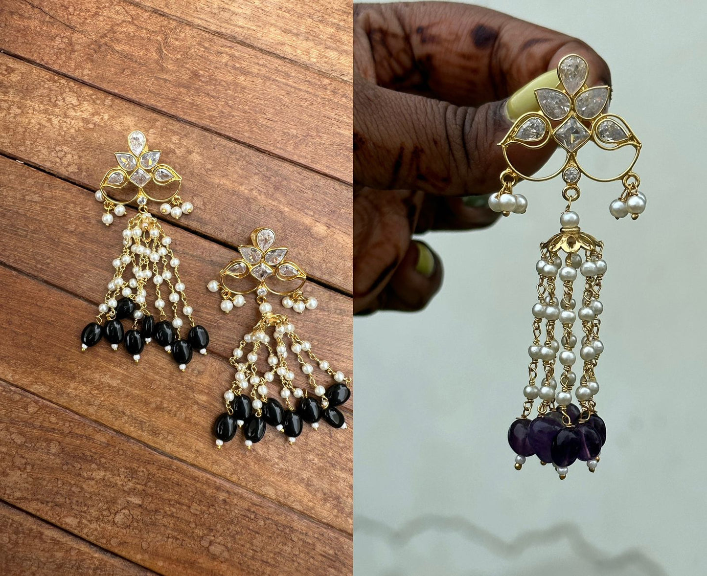 Uncut diamond pearl hanging jhumkas - Alluring Accessories