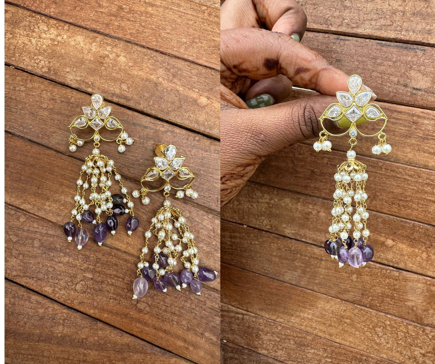 Uncut diamond pearl hanging jhumkas - Alluring Accessories