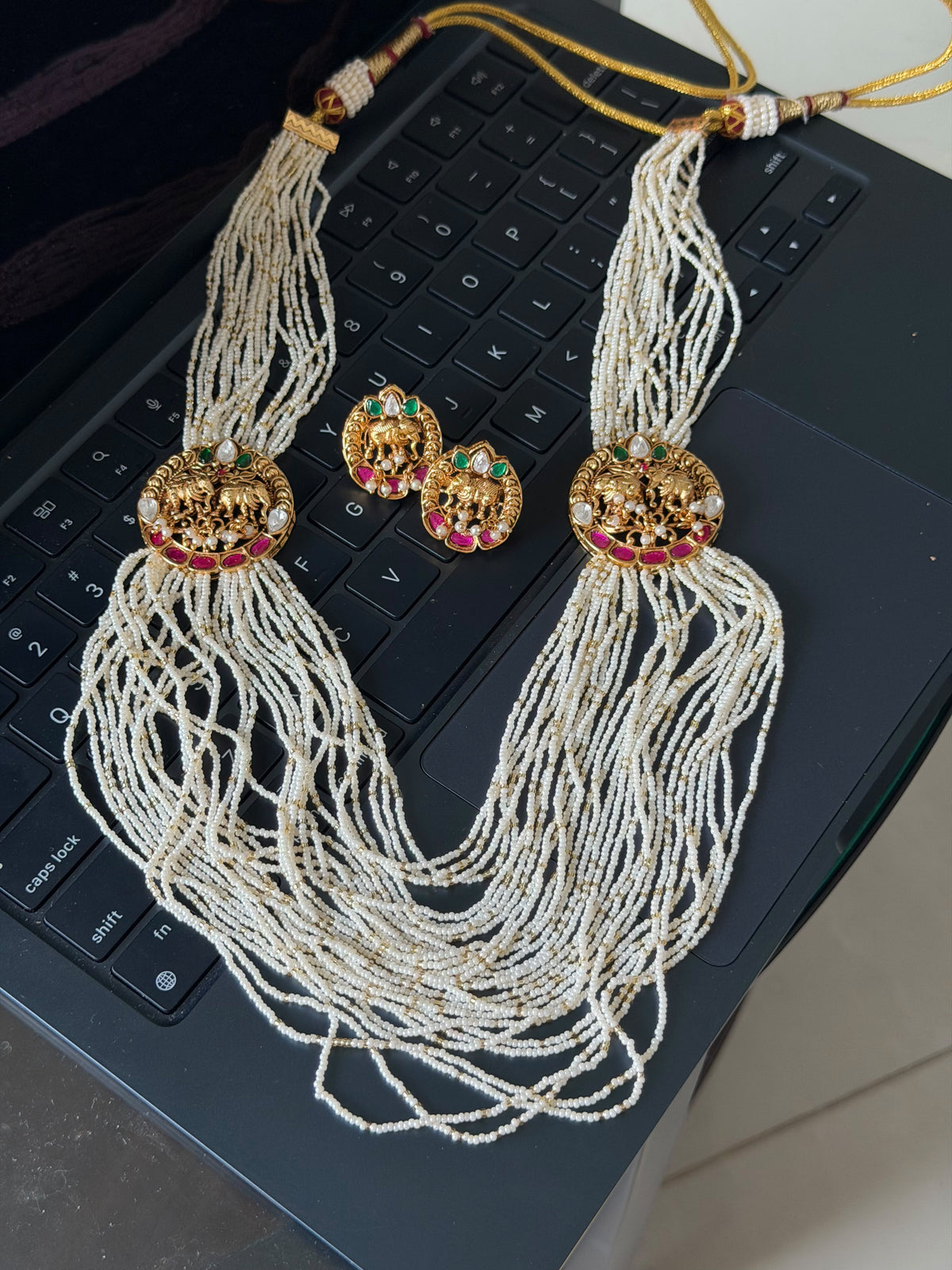 Heavy pearl real kundan elephant mala with studs