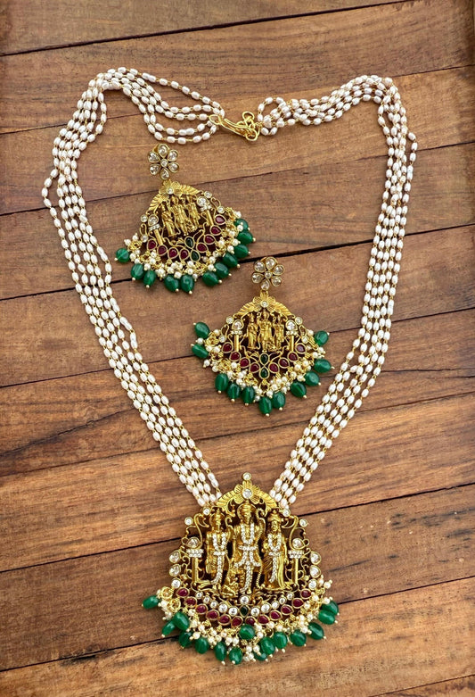 Five layered rice pearl ram parivar necklace