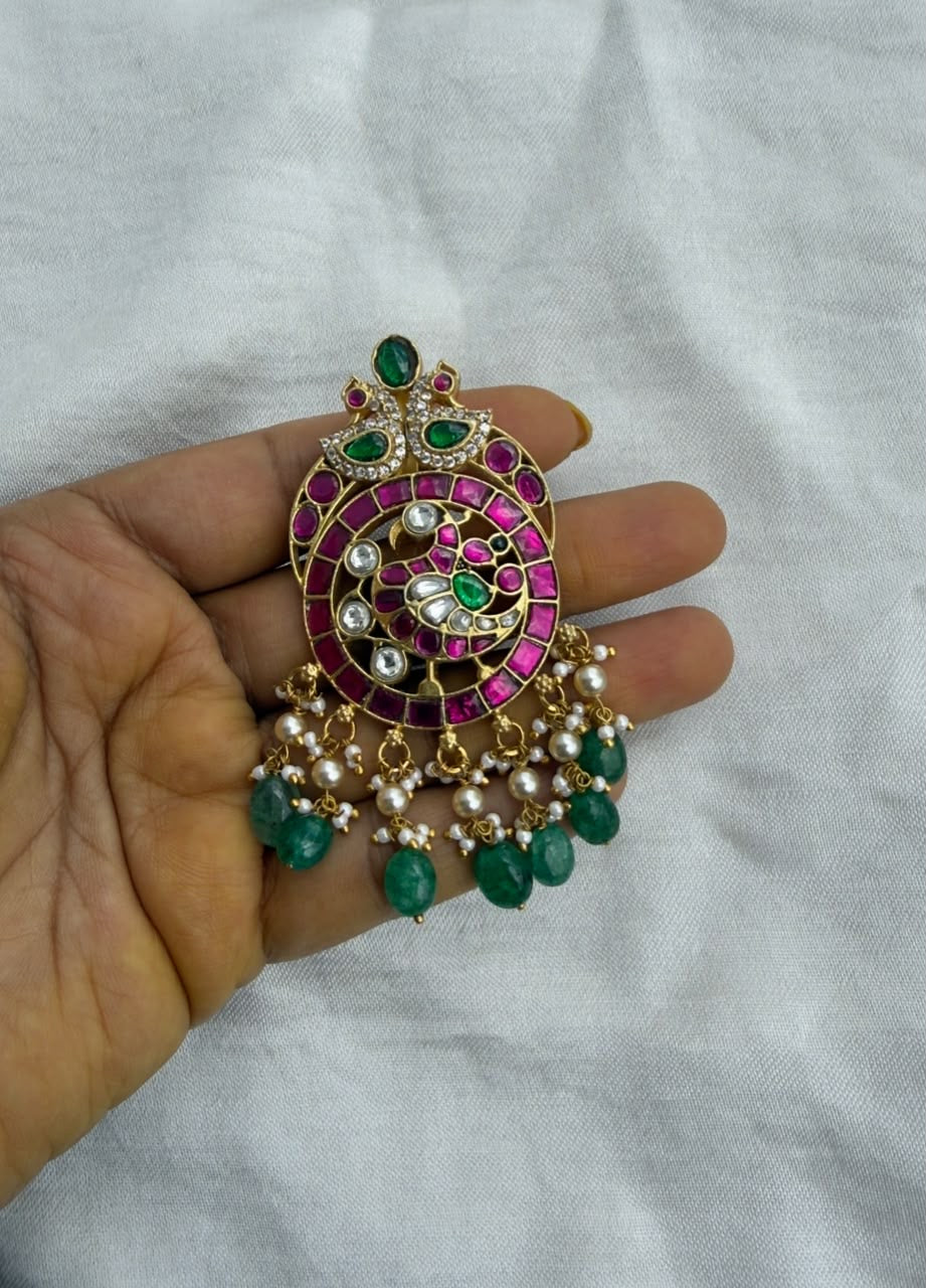 Three peacock real kundan cz stone locket