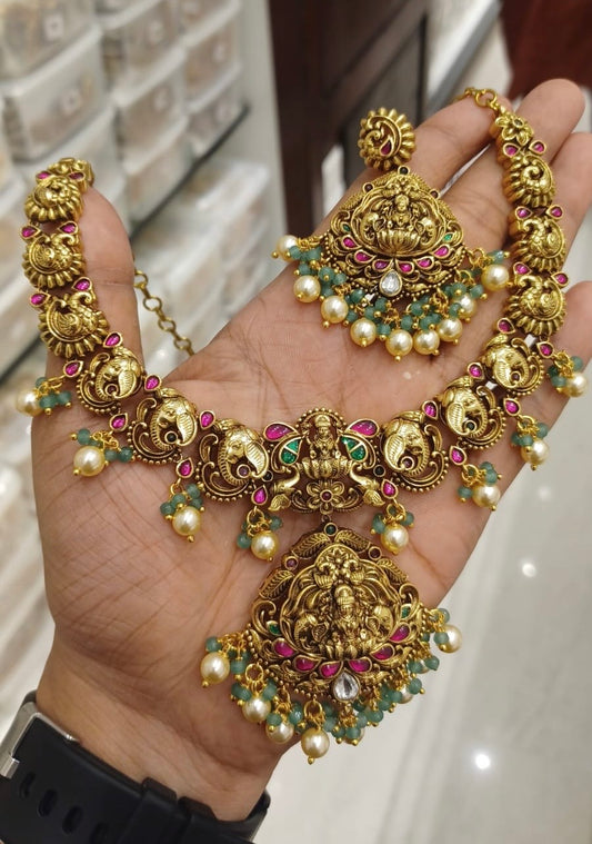 Lakshmi full of elephant real kundan neckalce with chandbalis