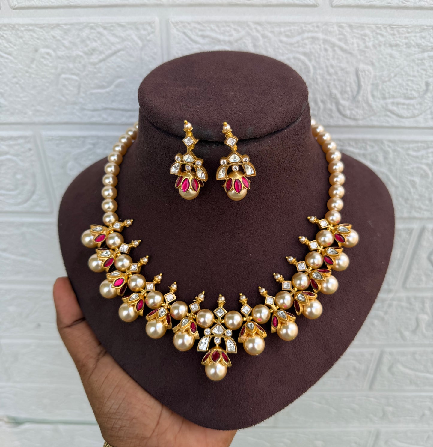 Ruby floral swaroski pearl real kundan necklace with earrings