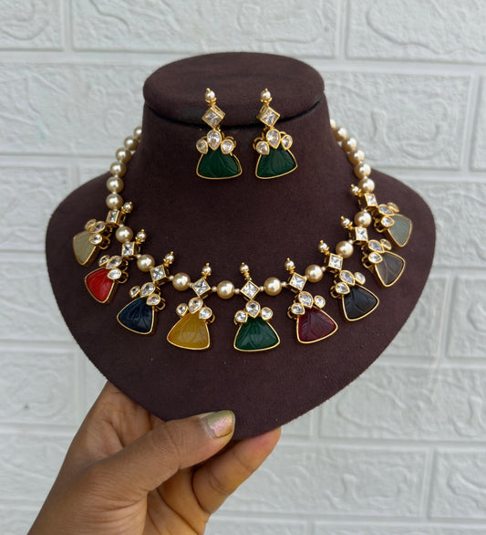 Navaratan embossed kundan swarovski pearl trending necklace
