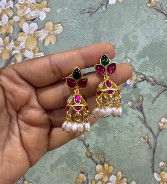 Three stone real kundan small rice pearl jhumkas