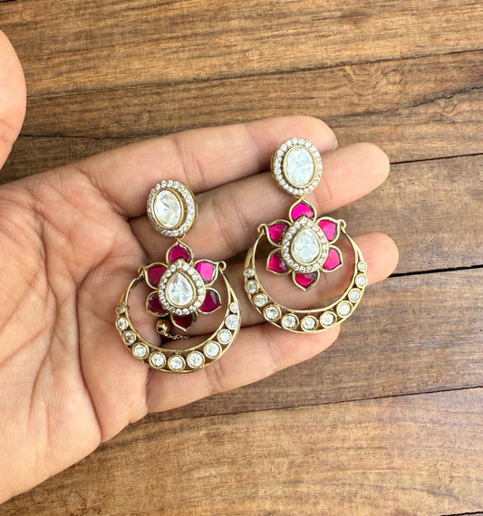 Designer moon shape flower real kundan chandbalis
