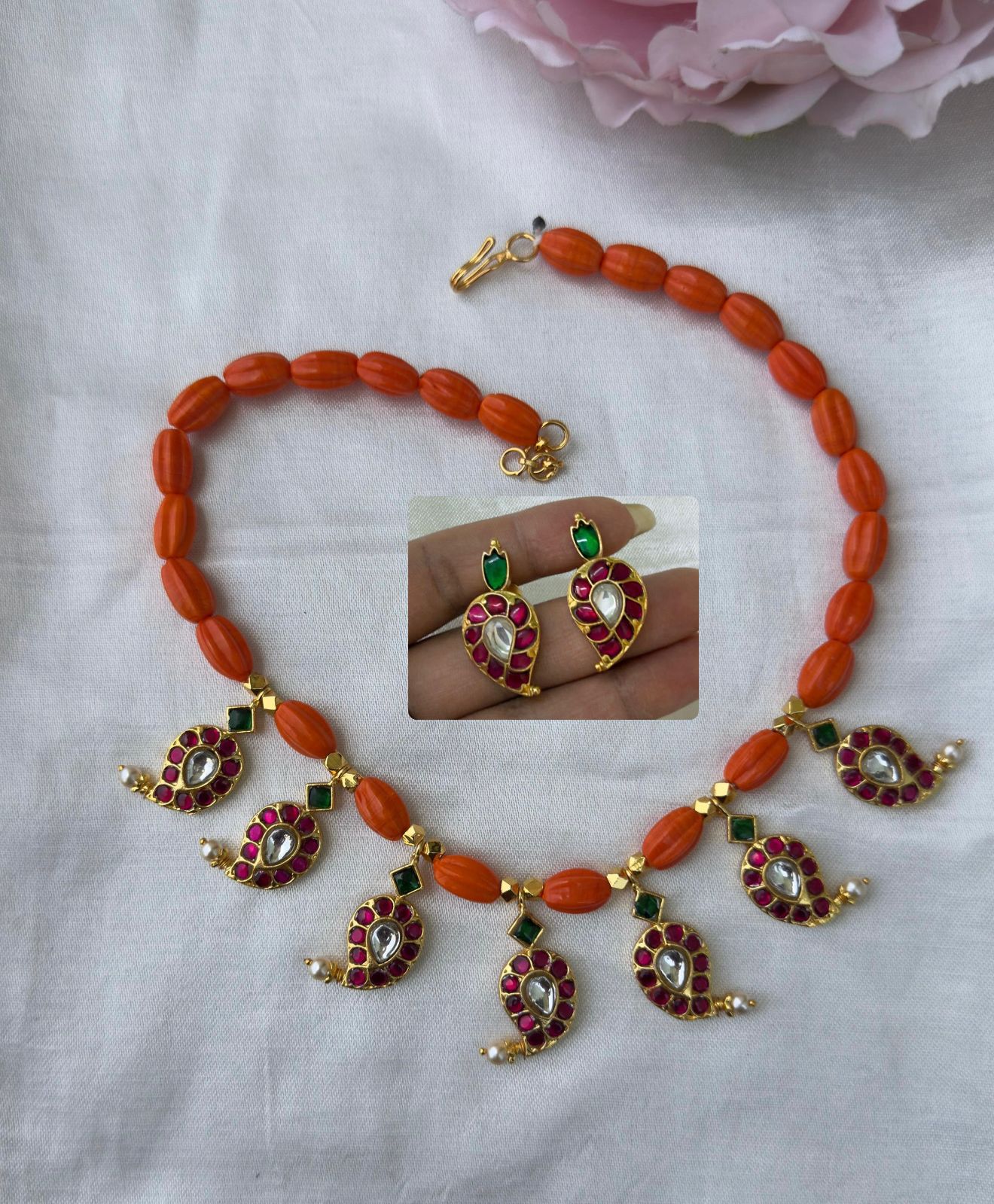 Coral mango real kundan necklace with or without studs