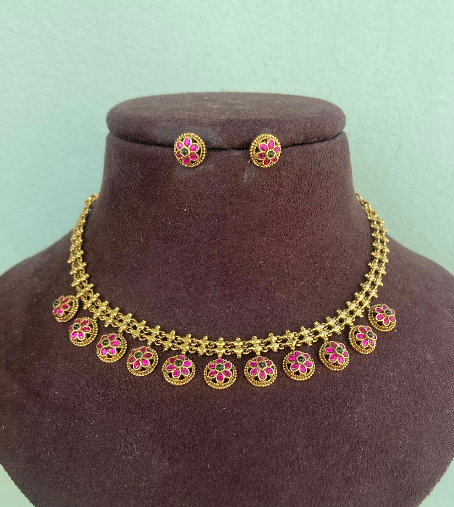 Flower kasu drop real kundan necklace with studs
