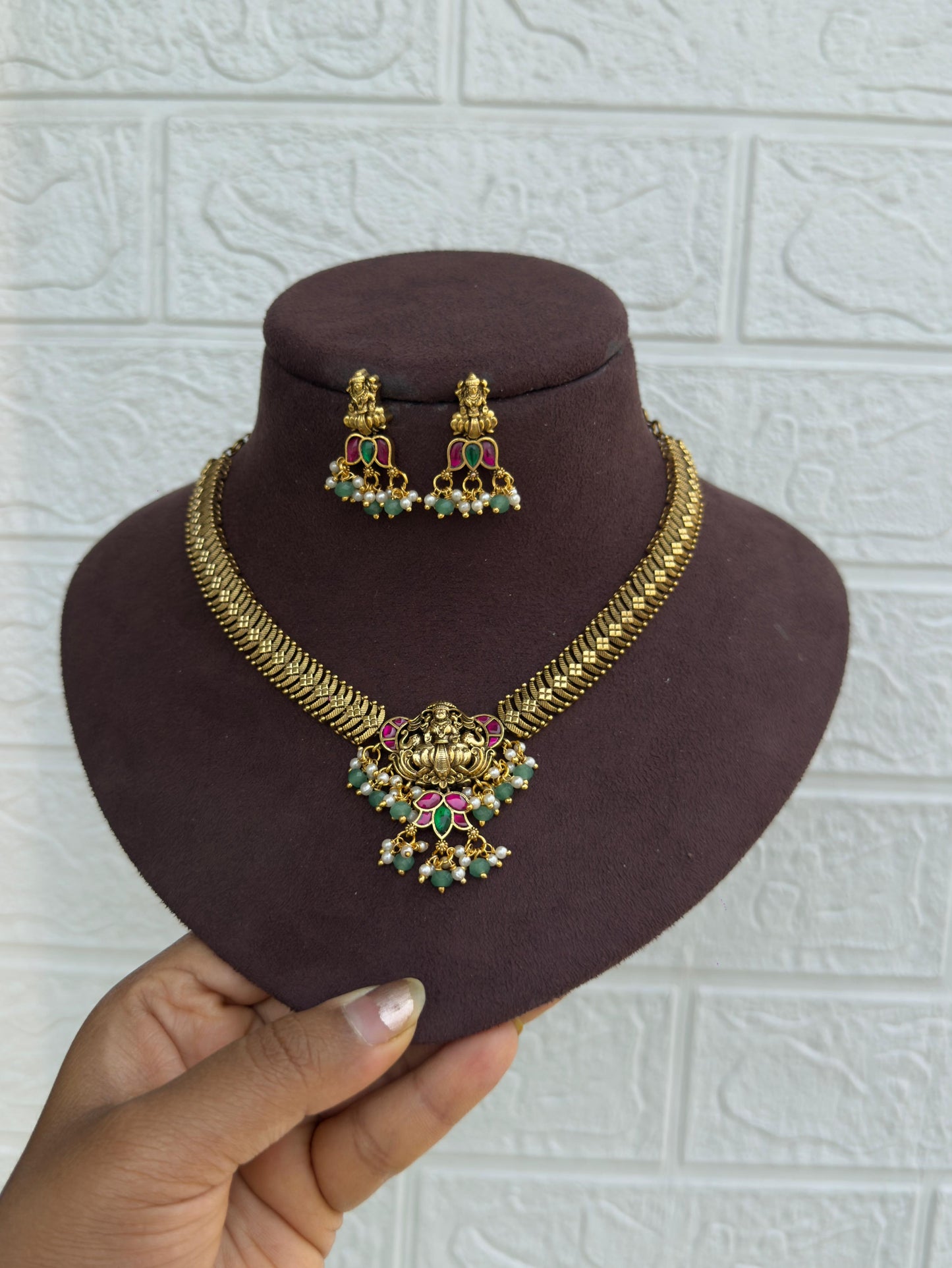 Lotus lakshmi devi real kundan necklace with earrings