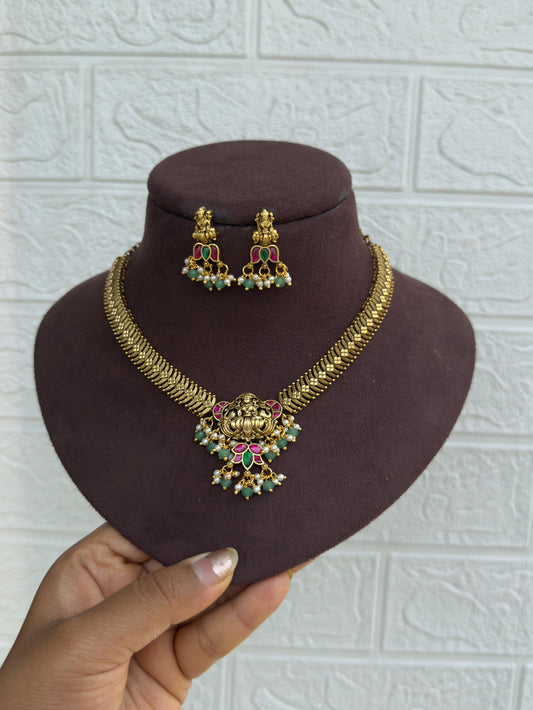 Lotus lakshmi devi real kundan necklace with earrings