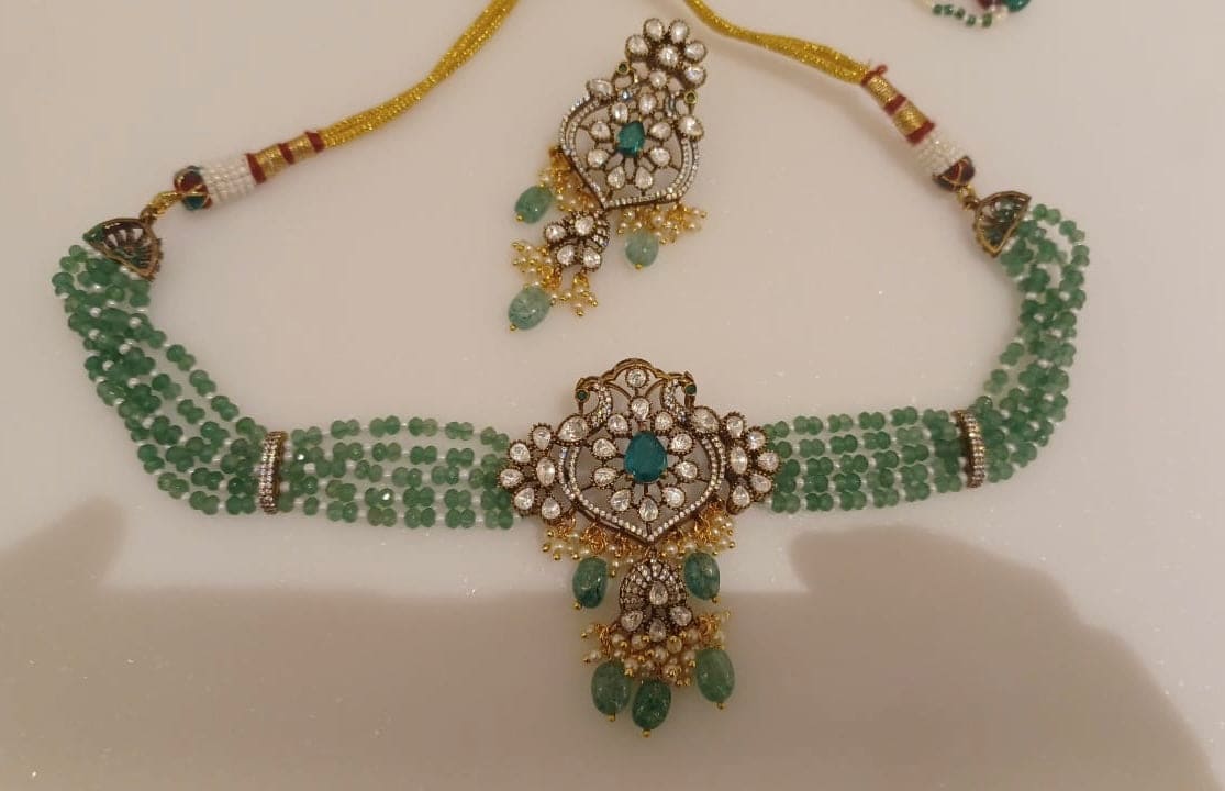 Stylish victorian peacock locket with hanging chandbalis choker